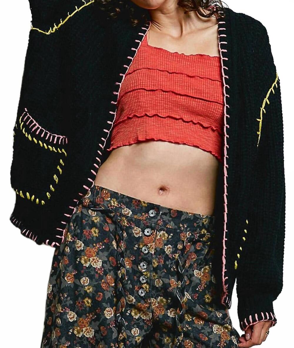 NEW POL solid pattern blanket stitch open cardigan in black